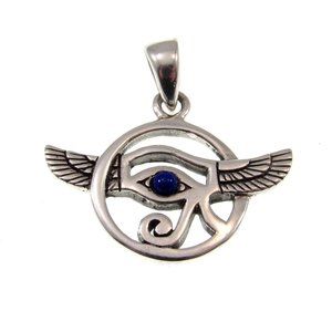 Solid 925 Sterling Silver Eye of Horus Falcon Wings Pendant With Lapis Lazuli